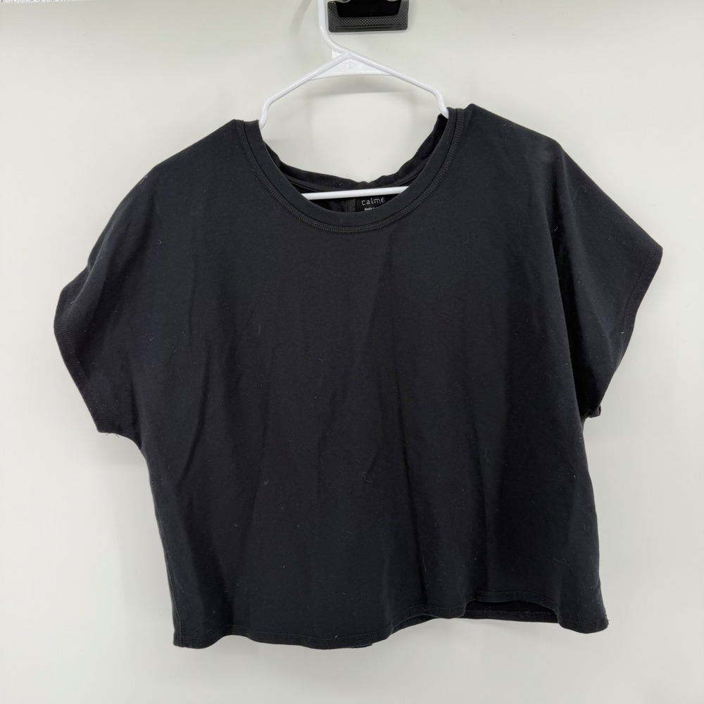 Calme Womens Black Short Sleeve Cropped Sweatshirt Boxy Crew Neck Top Large